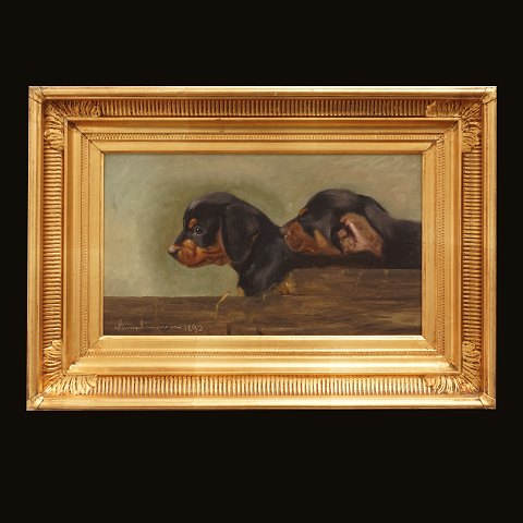 Simon Simonsen gravhunde. Simon Simonsen, 1841-1928, olie på plade. Motiv i form af to gravhunde. Signeret og dateret 1893. Lysmål: 19x32cm. Med ramme: 32x45cm