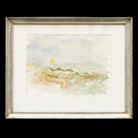 Jens Søndergaard, 1895-1957, Aquarell. Landschaft 
mit Sonne. Signiert und datiert 1951. Lichtmasse: 
36x47cm. Mit Rahmen: 57x70cm