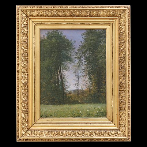 C. F. Aagaard maleri. C. F. Aagaard, 1833-95, olie på lærred. Skovparti med lysning. Signeret C. F. Aagaard. Lysmål: 37x28cm. Med ramme: 57x48cm
