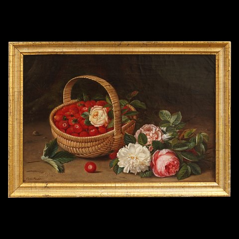 Stilleben med blomster og jordbær i kurv. Olie på 
lærred. Signeret Emma Rønsholdt senere Emma 
Mulvad, 1838-1903. Lysmål: 29x42cm. Med ramme: 
35x48cm