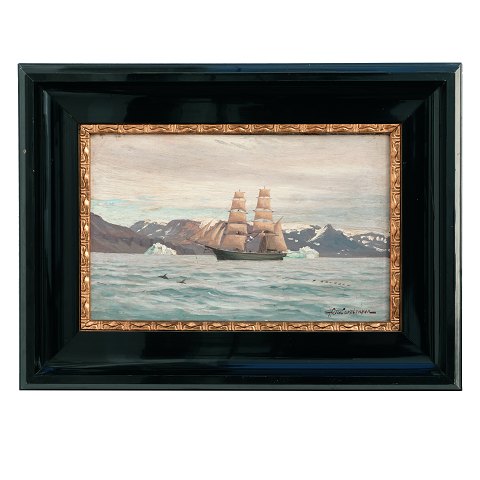Andreas Riis Carstensen, 1844-1906, oil on canvas. Signed. Ship at Greenland's coast. Visible size: 22x36cm. With frame: 39x53cm