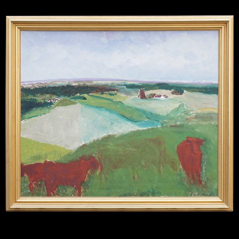 Jens Søndergaard maleri. Jens Søndergaard, 1895-1957, olie på lærred. Landskab med køer. Signeret. Lysmål: 80x94cm. Med ramme: 95x109cm