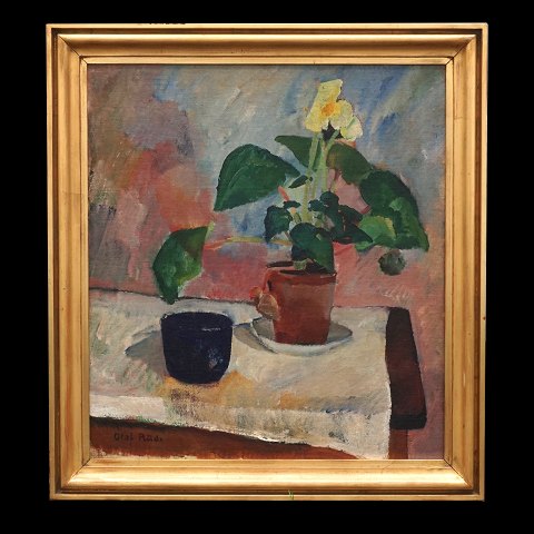 Olaf Rude maleri. Olaf Rude, 1886-1957, olie på lærred. Opstilling med potteplante og keramik skål på bord. Signeret Olaf Rude. Lysmål: 73x66cm. Med ramme: 87x80cm