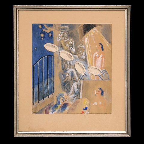 Jais Nielsen akvarel. Jais Nielsen, 1885-1961, akvarel. "Den himmelske og den jordiske Kærlighed". Signeret "Jais". Lysmål: 31x27cm.  Med ramme: 45x41cm