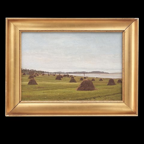 Vilhelm Kyhn maleri. Vilhelm Kyhn, 1819-1903, høstlandskab, olie på lærred. Signeret og dateret 14/8 1861. Lysmål: 21x31cm. Med ramme: 30x40cm