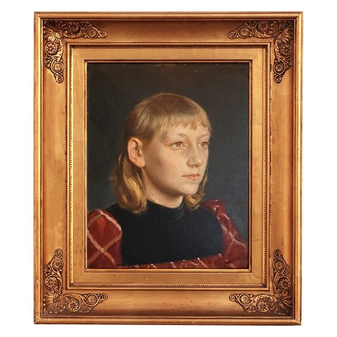 Michael Ancher portræt. Michael Ancher, 1849-1927, 
olie på plade. "Portræt af Pige med ternet Kjole". 
Signeret M. Ancher. Lysmål: 35x27cm. Med ramme: 
50x42cm