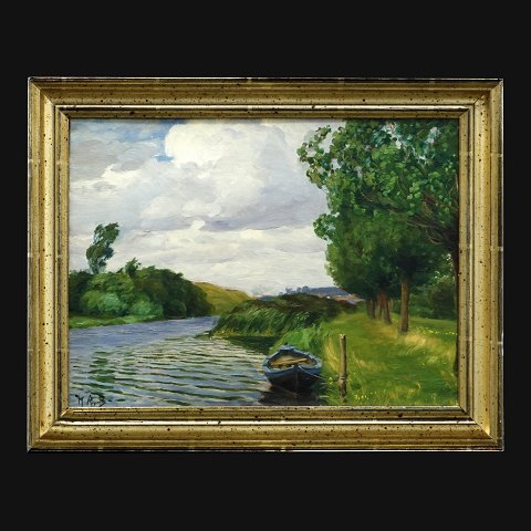 Brendekilde maleri. H. A. Brendekilde, 1857-1942, olie på lærred. Parti med robåd ved å. Signeret. Lysmål: 28x39cm. Med ramme: 36x47cm