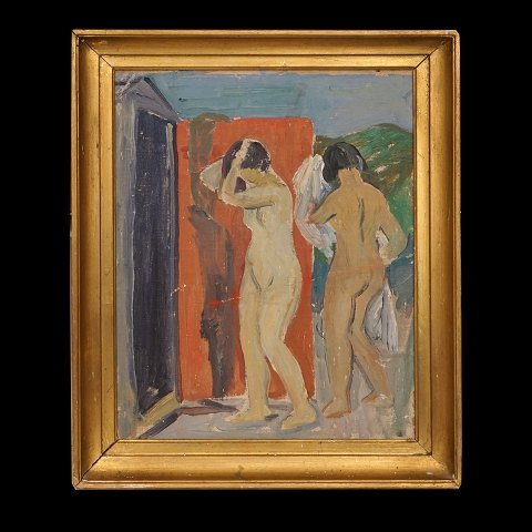 Axel P Jensen, 1886-1972, oil on plate. Two 
showering women. Visible size: 36x28cm. With 
frame: 44x36cm