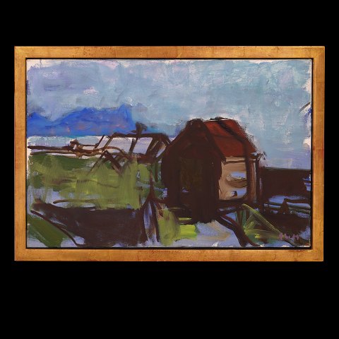 Sven Havsteen-Mikkelsen maleri. Sven Havsteen-Mikkelsen, 1912-99, olie på lærred. Landskab med bygd, Færøerne. Signeret. Lysmål: 39x62cm. Med ramme: 43x66cm