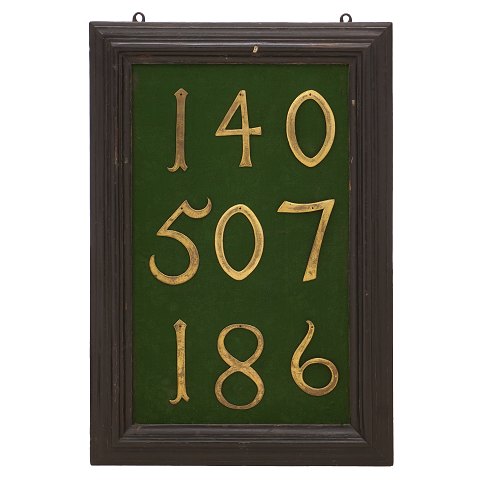 Hymn board with nine brass numbers circa 1750. 
Size: 102x69cm
