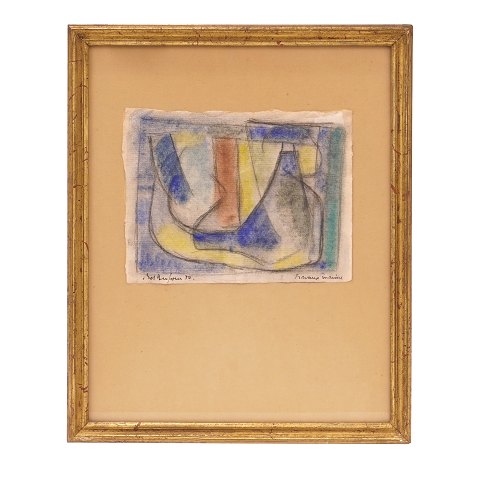 Bernard Dufour, 1922-2016, komposition, mixed 
media på papir. Signeret og dateret 1950. Lysmål: 
13x17cm. Med ramme: 32x26cm
