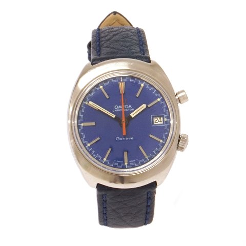 Omega Chronostop Geneve årgang ca. 1966 caliber 
920 med blå skive. Nyserviceret med ny rem. 
Urkasse: 35x40mm