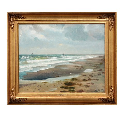 Michael Ancher, 1849-1927, Skagen, olie på lærred. 
"Udsigt over havet med Sejlere". Signeret og 
dateret 1893. Lysmål: 62x65cm. Med ramme: 68x81cm