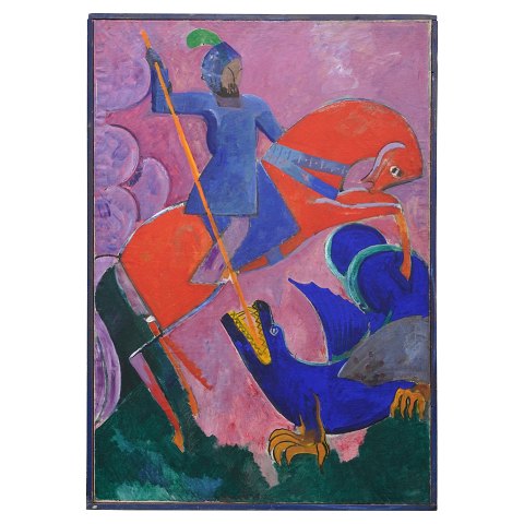 Olaf Rude maleri. Olaf Rude, 1886-1957, olie på 
lærred. Motiv i form af Skt. Georg og Dragen 1918. 
Samme motiv repræsenteret på AROS og Kunsten, 
Museum of Modern Art, Aalborg. Lysmål: 186x130cm. 
Med ramme: 191x135cm