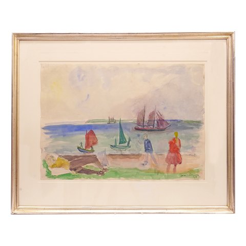 Jens Søndergaard akvarel. Jens Søndergaard, 
1895-1957, akvarel med motiv i form af 
fjordlandskab med mennesker og skibe. Signeret og 
dateret 1945. Lysmål: 44x62cm. Med ramme: 68x84cm