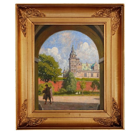 Paul Fischer painting. Paul Fischer, 1860-1934, 
oil on plate. View at Rosenborg Castle, 
Copenhagen. Signed Paul Fischer. Visible size: 
38x31cm. With frame: 55x48cm