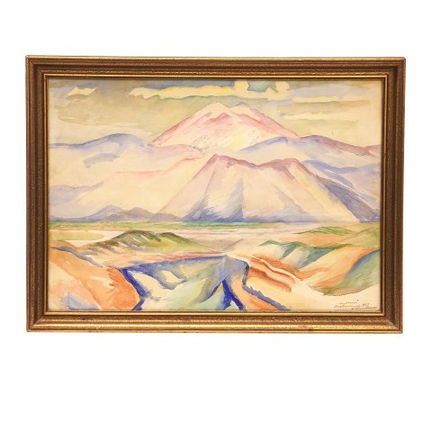 William Scharff, 1886-1959, Wasserfarbe. 
Griechische Berge signiert und datiert 1927. 
Lichtmasse: 34x48cm. Mit Rahmen: 40x55cm