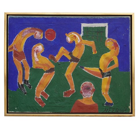 Henry Heerup maleri. Henry Heerup, 1907-93, olie 
på lærred. Motiv i form af fodboldspillere. 
Signeret Heerup. Lysmål: 57x70cm. Med ramme: 
61x74cm