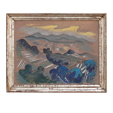 Rita Kernn Larsen, 1904-98, olie på træ. Landskab 
med bjerge. Signeret og bagside dateret 1948. 
Lysmål: 25x32cm. Med ramme: 31x38cm