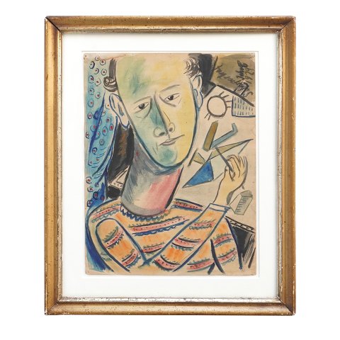 Barbermaleren John Christensen, 1896-1940, 
akvarel. Selvportræt signeret og dateret 1929. 
Lysmål: 34x25cm. Med ramme: 46x37cm