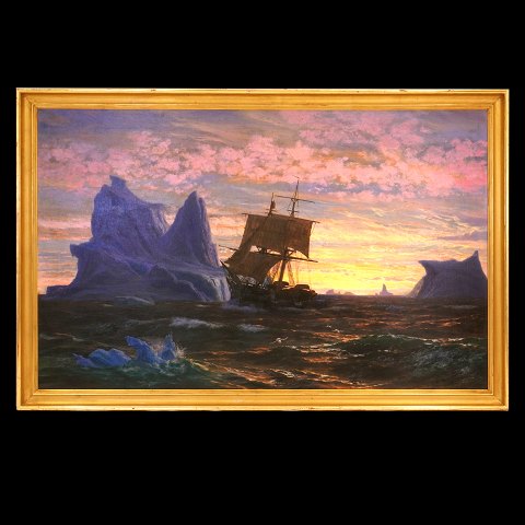 Jens Erik Carl Rasmussen, 1841-93, Öl auf Leinen. 
Partie mit einem Schiff vor Grünland. Signiert und 
datiert 1872. Lichtmasse: 98x156cm. Mit Rahmen: 
112x170cm