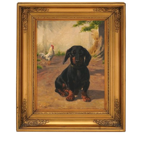 Simon Simonsen, 1841-1928, oil on canvas. 
Dachshound. Signed and dated 1920. Visible size: 
38x27cm. With frame: 54x43cm