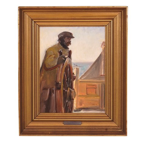 Michael Ancher painting. Michael Ancher, 
1849-1927, oil on canvas. Signed "ma". Helmsman 
steering. Nice condition with two small 
restorations. Visible size: 37x27cm. With frame: 
55x45cm