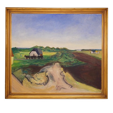 Jens Søndergaard, 1895-1957, Öl auf Leinen. 
"Landschaft" datiert 1952. Signiert. Lichtmasse: 
117x129cm. Mit Rahmen: 135x147cm