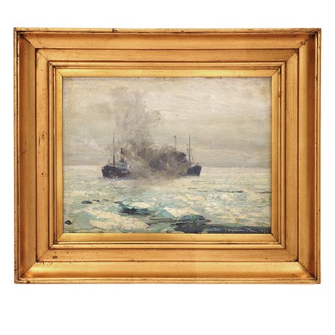 Christian Benjamin Olsen, 1873-1935, Öl auf Holz. Marinenmotiv mit Dampschiff im Eismeer. Signiert und datiert 1924. Lichtmasse: 19x26cm. Mit Rahmen: 31x37cm