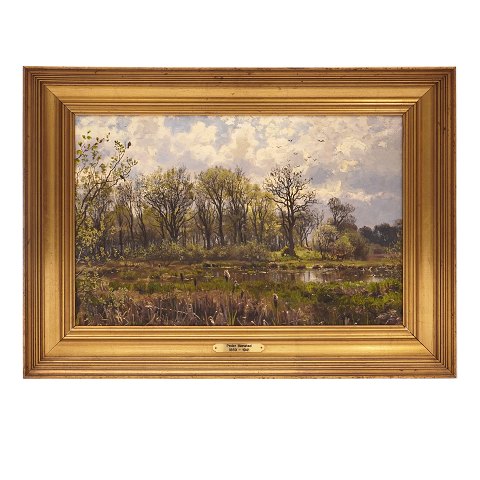 Peder Mønsted maleri. Peder Mønsted, 1859-1941, olie på lærred. "Foraar i Bøllemosen". Signeret og dateret 1882. Lysmål: 31x48cm. Med ramme: 45x62cm