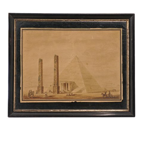 Unknown artist: Egyptian landscape 19. th century, drawing and watercolor. Visible size: 34x46cm. With frame: 48x59cm