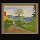 Jens Søndergaard, 1895-1957: Landscape with water, house and a person. Oil on 
canvas. Signed and dated 1952. Visible size: 66x79cm. With frame: 77x90cm