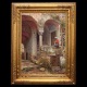 Peder Mønsted maleri. Peder Mønsted, 1859-1941, olie på lærred. Parti fra 
Ravello, Italien, signeret og dateret 1927. Betegnet "Trappeopgang i en gammel 
Gaard - Ravello". Lysmål: 99x69cm. Med ramme: 130x100cm