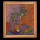 Karl Isakson maleri. Karl Isakson, 1878-1922, stilleben med pelargonie og 
frugter, olie på lærred. Lysmål: 57x52cm. Med ramme: 66x61cm