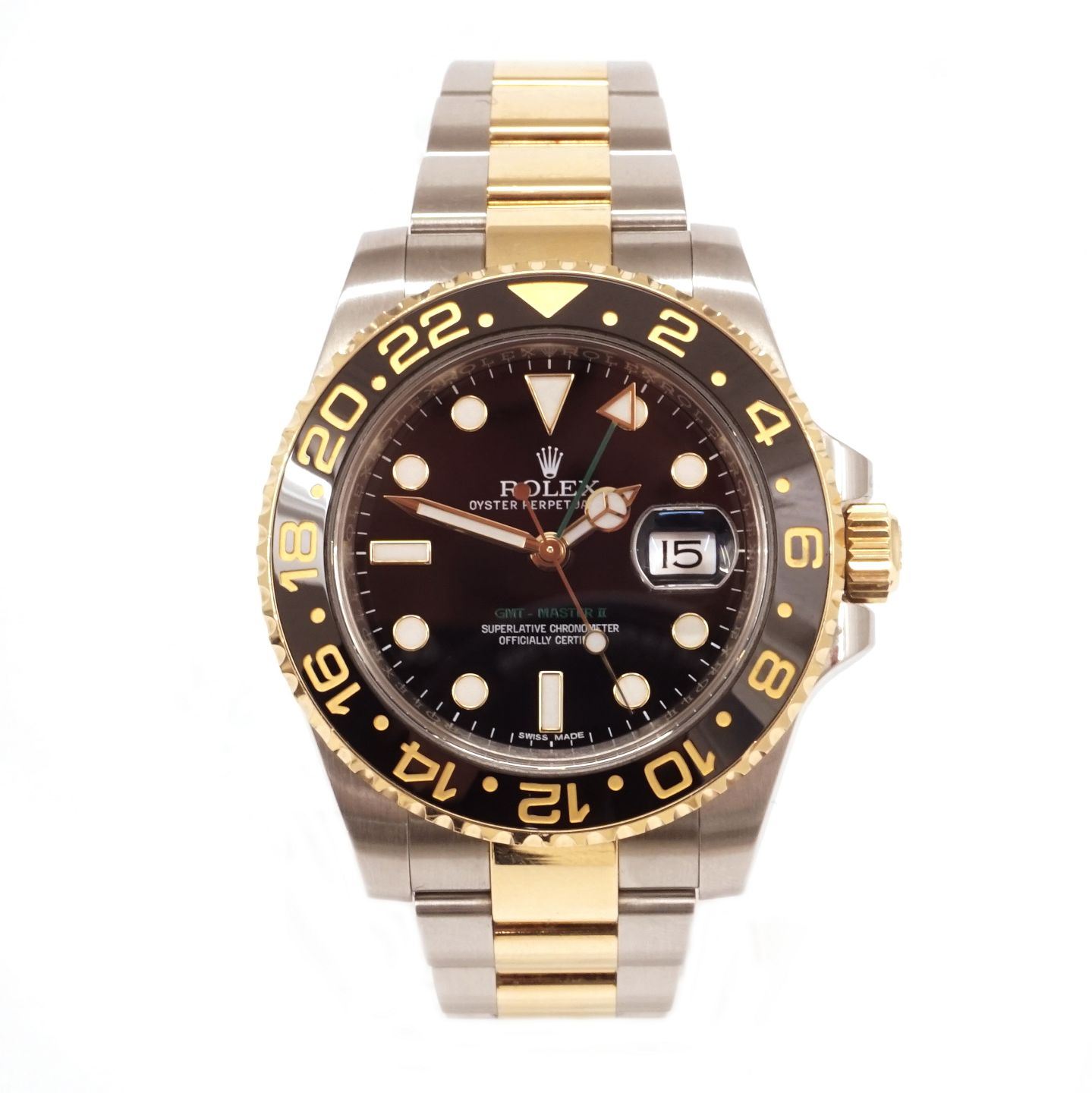 Aabenraa Antikvitetshandel GMT Master II ref. 116713LN i 18kt guld og stål. Leveres i god stand med b