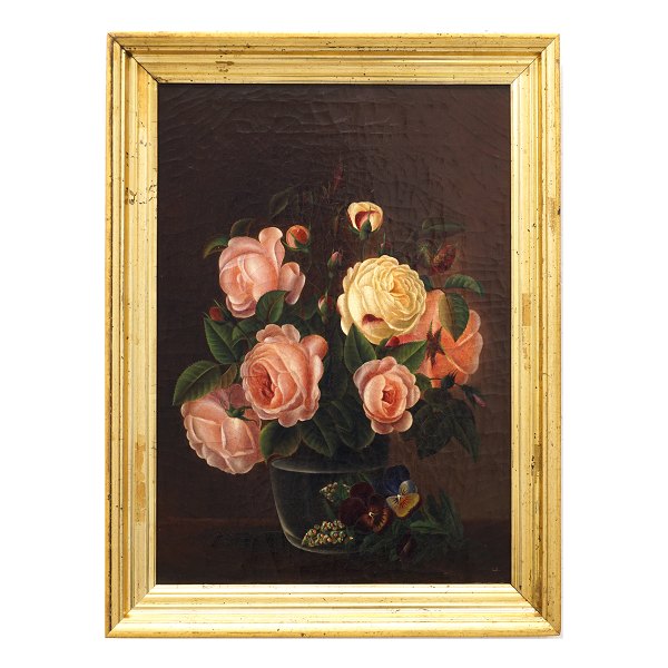 Schule I L Jensens: Blumengemälde mit Rosen. Öl auf Leinen. Signiert "Li". 
Dänemark um 1830
Lichtmasse: 43x31cm. Mit Rahmen: 51x39cm