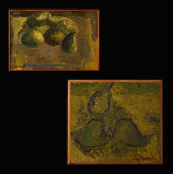 Poul Ekelund, 1921-76, oil on plate: Two stilleben with fruits. Visible size: 
18x26,5cm and 25x29cm