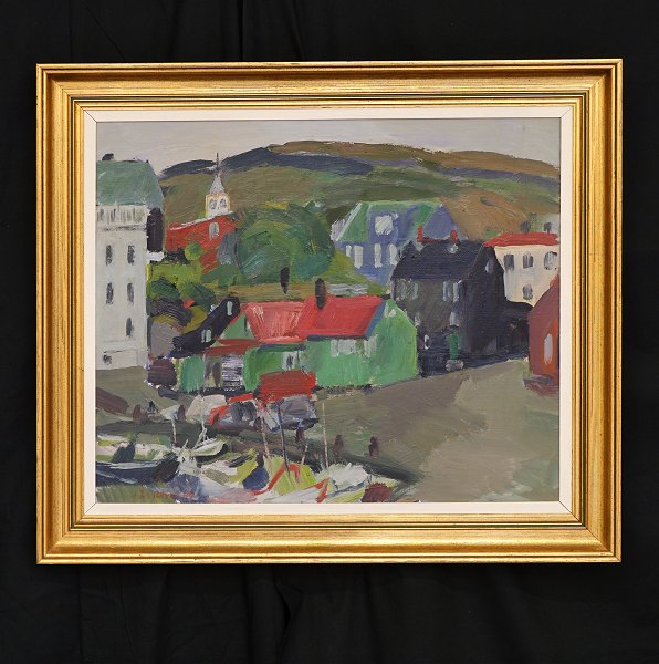 Ingálvur av Reyni, 1920-2005: Maleri, Bygd på Færøerne. olie på lærred. Signeret 
og dateret 1944. Lysmål: 53,5x63,5cm. Med ramme: 70x80cm