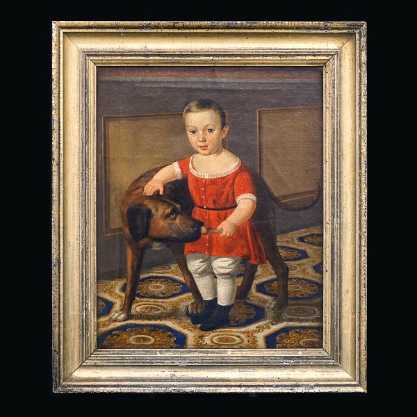Unbekannter Künstler: Porträt, Kind mit Hund. Öl auf Leinen. Um 1830-50. 
Lichtmasse: 36x29cm. Mit Rahmen: 46x39cm