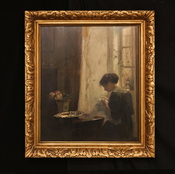 Carl Vilhelm Holsøe, 1863-1935, Kunstnerens hustru siddende ved vindue. Lysmål: 
52x43cm. Med ramme: 66x57cm