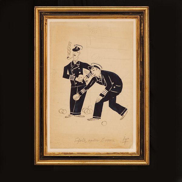 Svend Johansen, 1890-1970, "Seamen playing Boccia".
Signed. Visible size: 43x27cm. With frame: 54x38cm