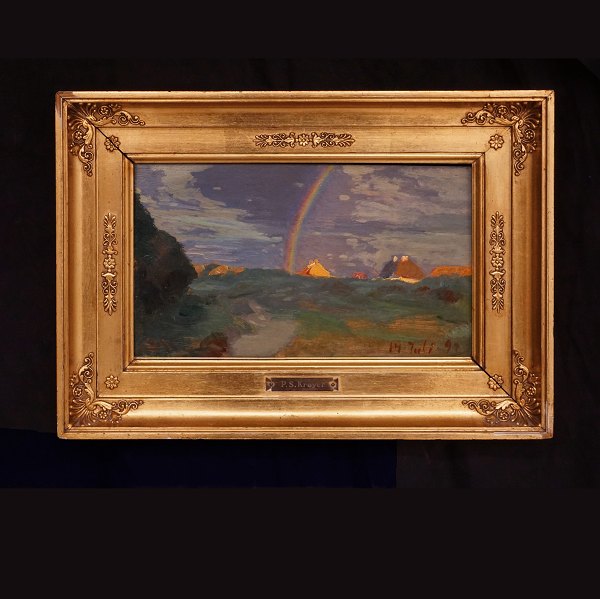P. S. Krøyer 1851-1909, Skagen: "Huse paa Skagen. Tordenluft med Regnbue. 
Solskin paa røde Tage og en gul Gavl". Signeret "SK" og dateret 14. juli 1897. 
Olie på træ. Lysmål: 12,4x21,7cm. Med ramme: 20,8x29,6cm