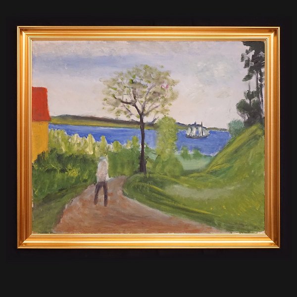 Jens Søndergaard, 1895-1957: "Fjorden ved .....", olie på lærred. Signeret og 
dateret 1952. Hidrørende fra boet efter Anelise Søndergaard. Lysmål: 66x79cm. 
Med ramme: 77x90cm