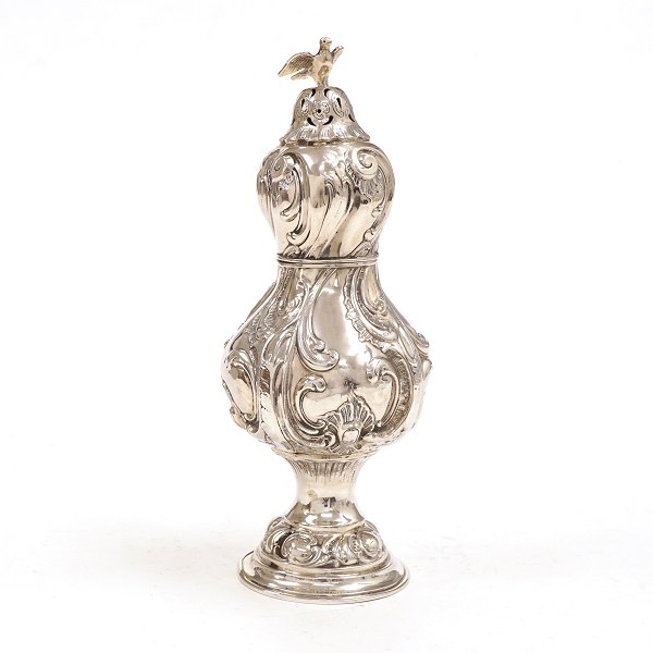 Carl Christian Hoffmeister, Aabenraa, Denmark, 1726-58: A 18th century Rococo 
silver sugar caster. H: 19cm. W: 158gr