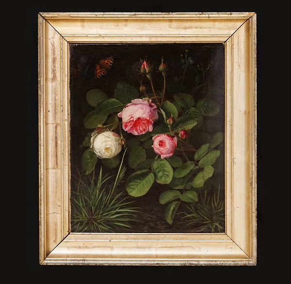 Otto Diedrich Ottesen, Dänemark, 1816-92: Stilleben mit Rosen und Schmetterling. 
Signiert und datiert 1877. Lichtmasse: 37x31cm. Mit Rahmen: 49x43cm