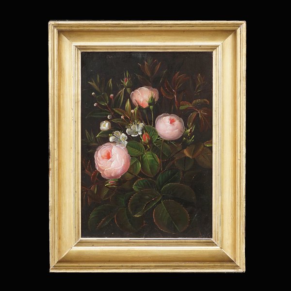 Schule I. L. Jensens: Stilleben mit Rosen. Öl auf Leinen um 1830. Lichtmasse: 
22x16cm. Mit Rahmen: 30x24cm