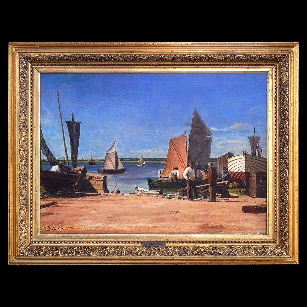 Christian Eckardt, 1832-1914, oil on canvas. Fishermen at the harbour. Signed 
and dated 1900. Visible size: 54x74cm. With frame: 75x95cm