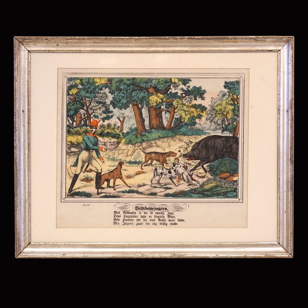 Lithography: Wild boar hunt. Visible size: 26x38cm. With frame: 45x57cm