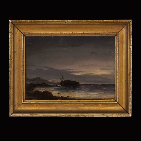Anton Melbye, 1818-75, olie på plade: Parti med skibsvrag. Lysmål: 21x29cm. Med ramme: 31x39cm