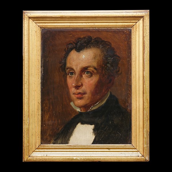 Wilhelm Marstrand, 1810-73: Skitse til parti af maleriet "Frierens Besøg", olie på lærred. Bagside betegnet "Marstrand. Kjøbt på Marstrand Auktionen ved juletid 1873". Lysmål: 36x28cm. Med ramme: 47x39cm